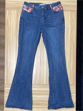 Blue Women's Bootcut Jeans with Red Accent Pockets